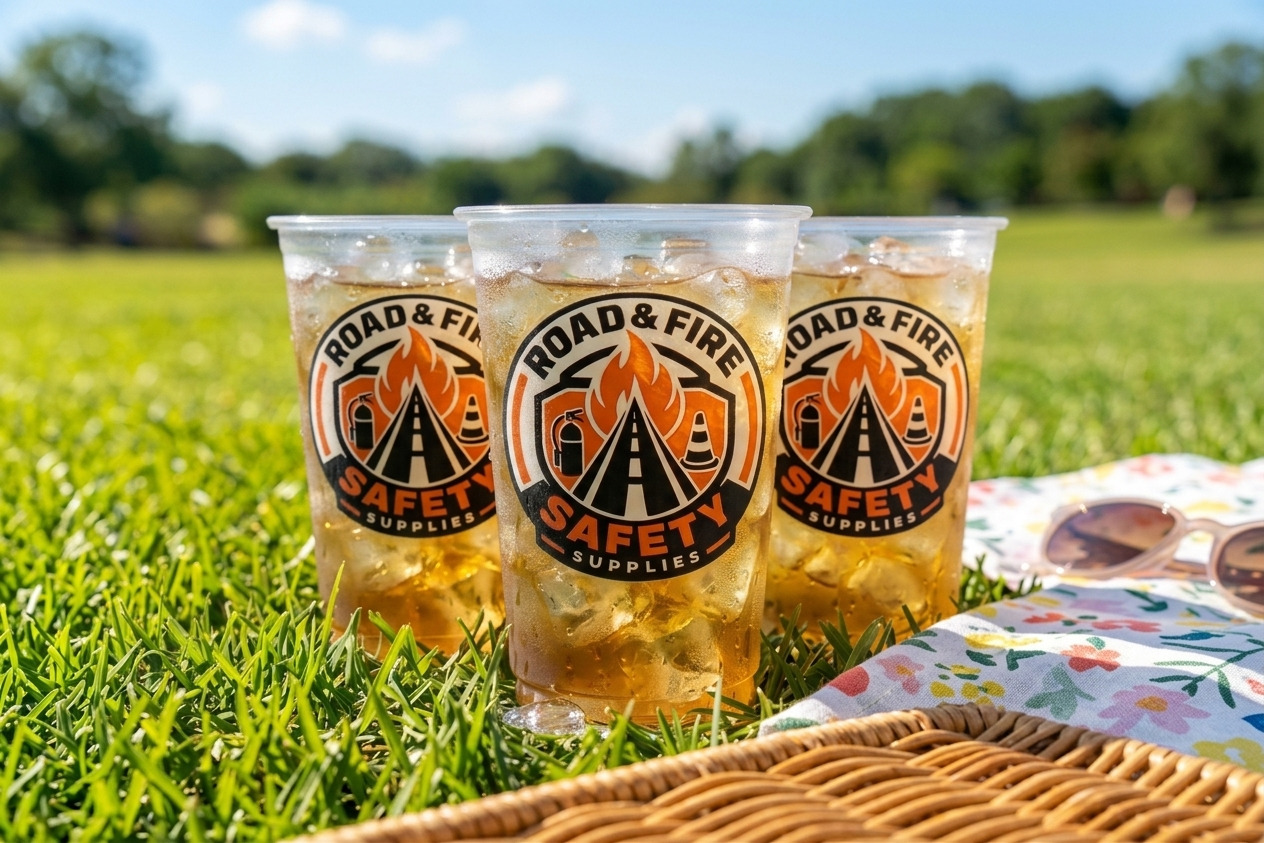 Custom branded plastic cups filled with iced drinks on a picnic lawn